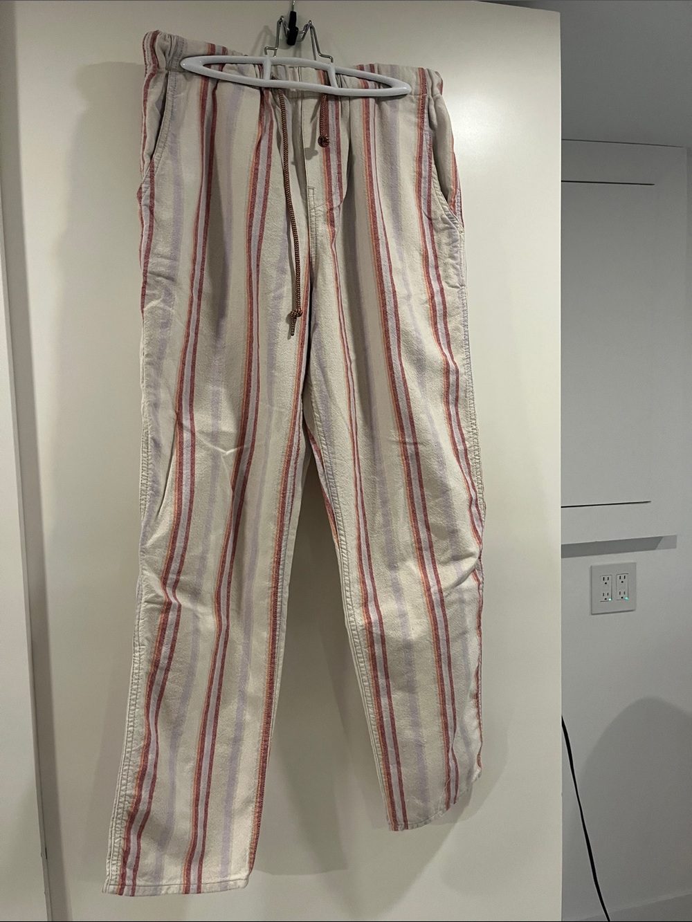 Casual Striped Drawstring Women’s Pants - Cream with Red Stripes